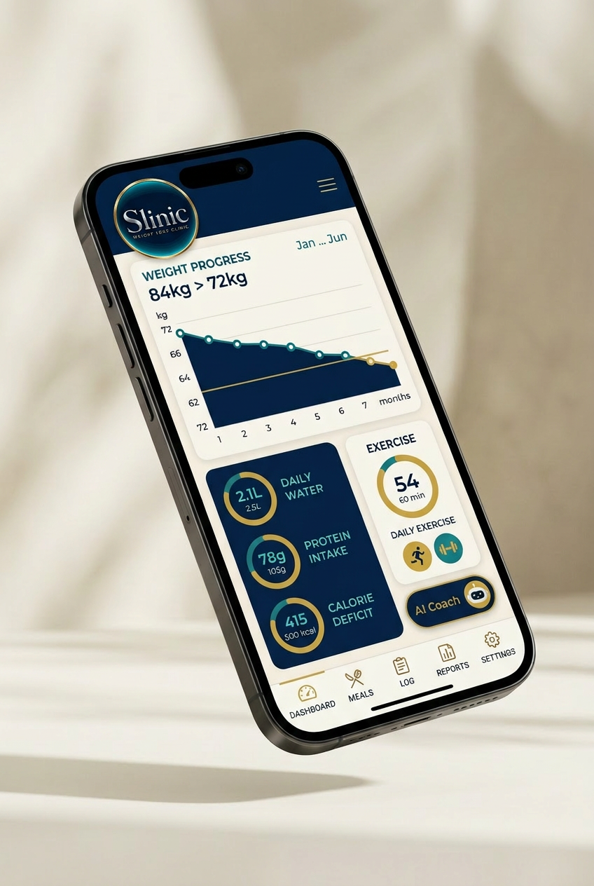 Slinic mobile tracking app showing weight progress, water and protein rings