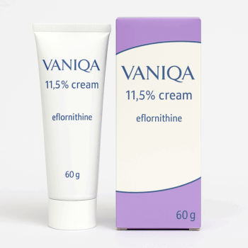 Tube of Vaniqa 11.5% Cream used to treat facial hair in women