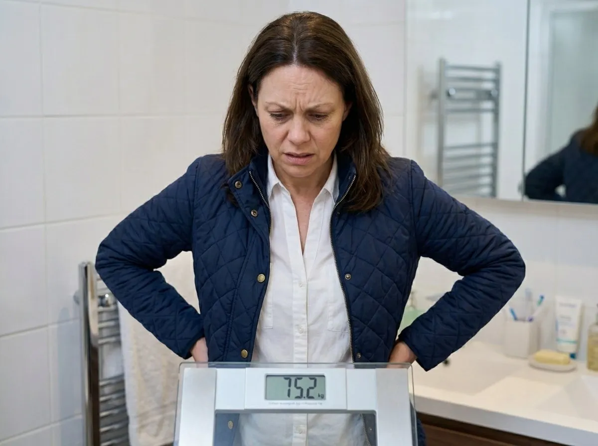Woman feeling frustrated looking at bathroom scales showing weight loss stall