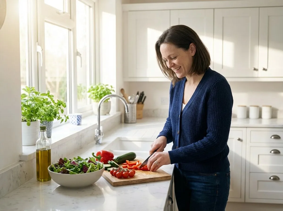Woman preparing fresh vegetables and salad for healthy meal on Mounjaro