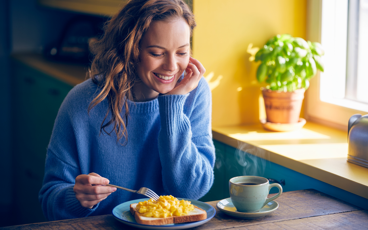 a woman eating eggs whilst on mounjaro