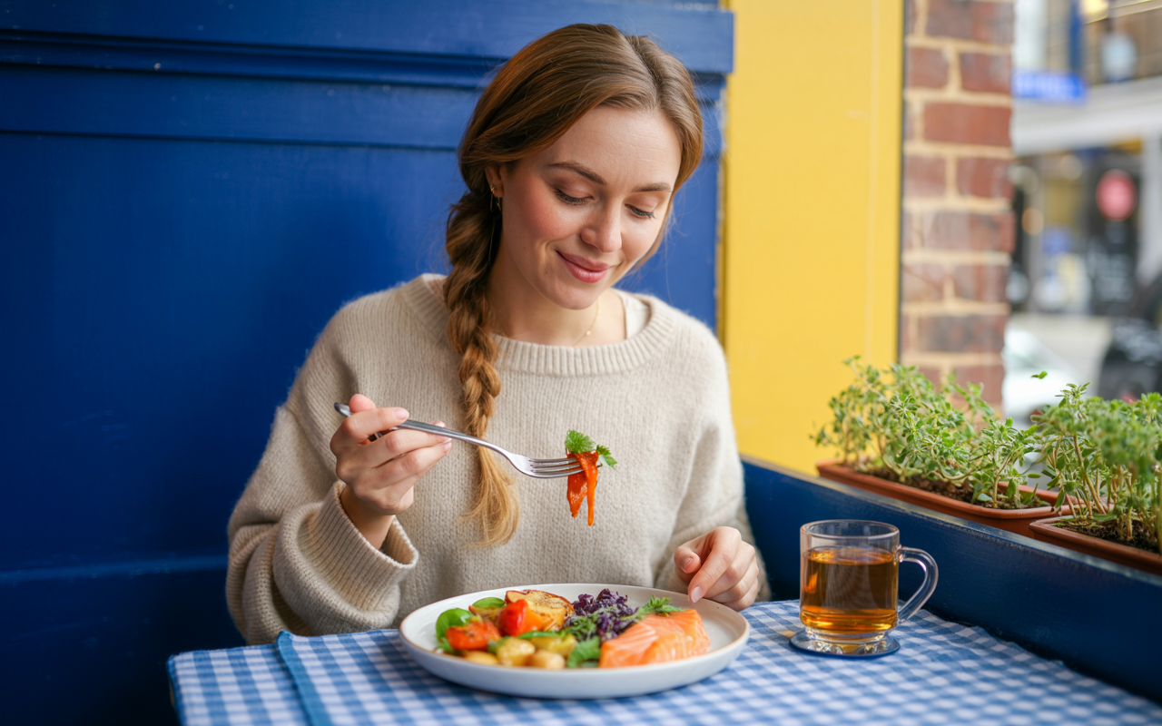 a woman eating a healthy balanced meal on mounjaro