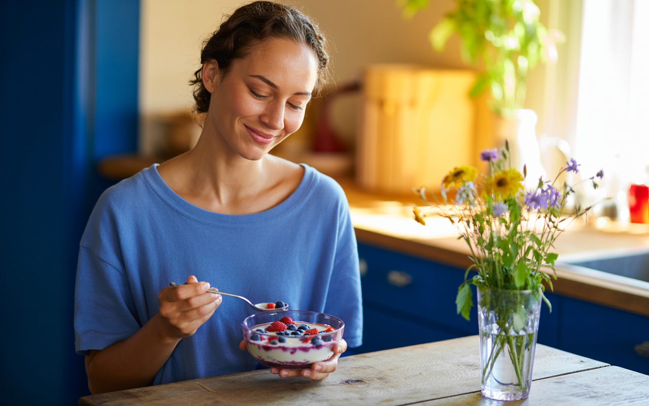 A woman eating a small meal on mounjaro