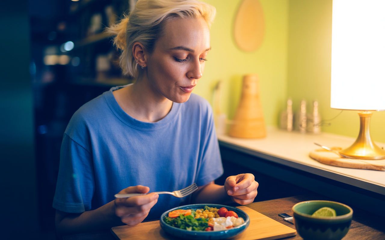 a woman eating a meal after taking mounjaro
