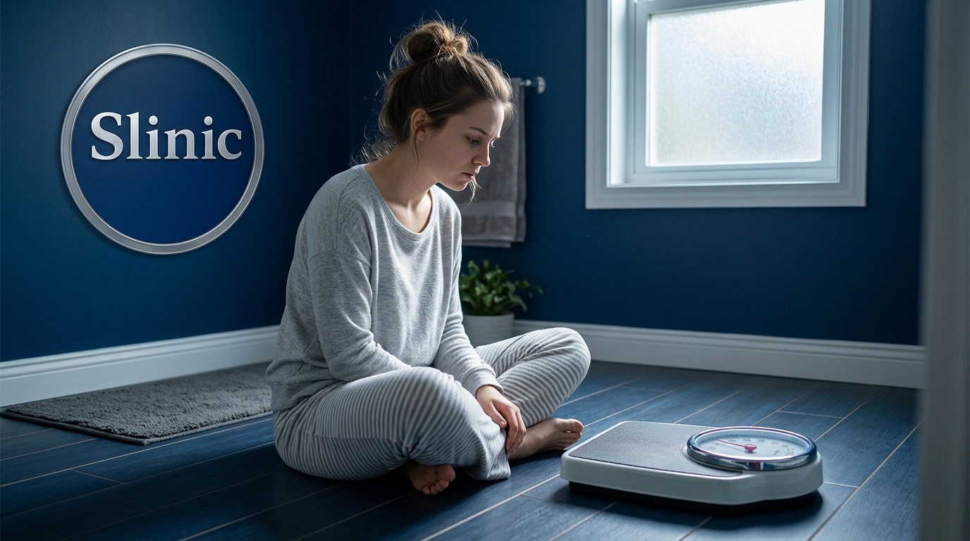 Person checking weight on bathroom scales during Mounjaro 2.5mg starting dose period