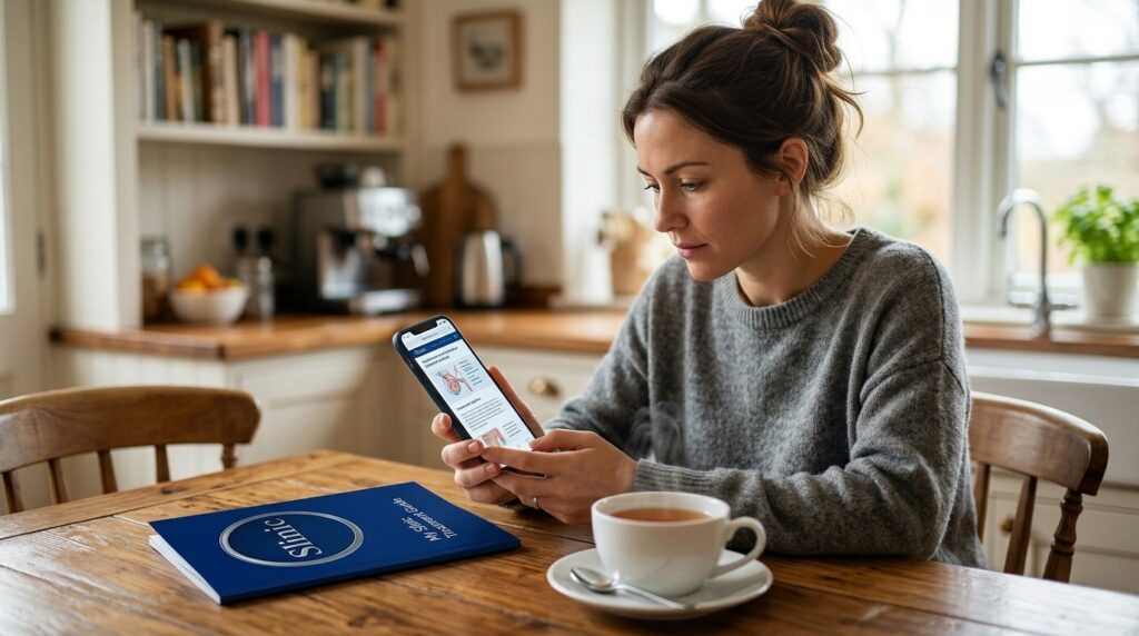 Person sitting at a kitchen table reading information on their phone with a cup of tea, looking thoughtful and engaged – conveying research and self-education about their treatment