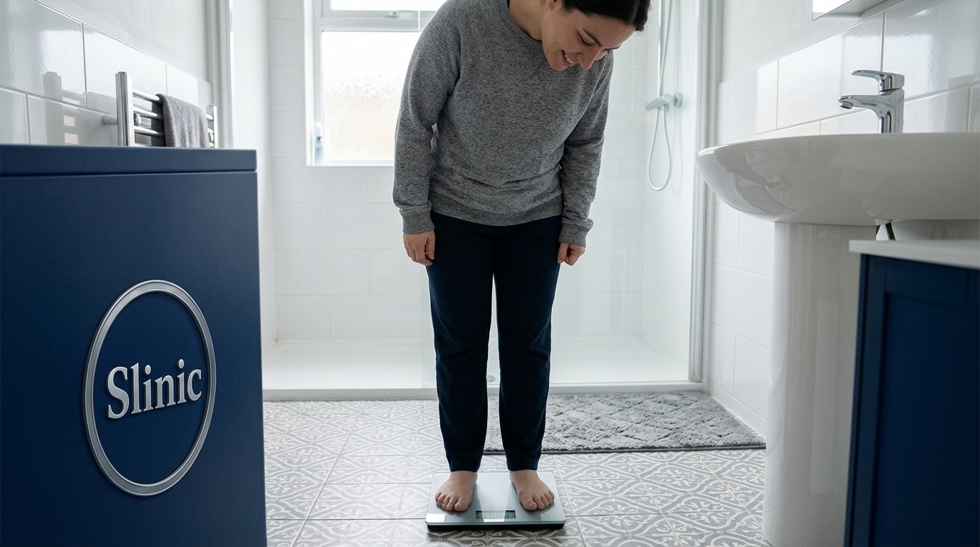 Person checking weight loss progress on bathroom scales during Mounjaro treatment