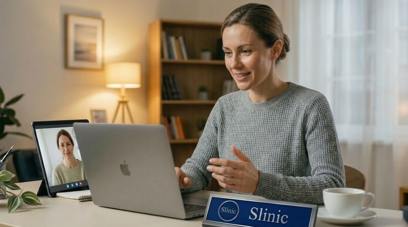 Patient having a clinical video review with Slinic pharmacist from home