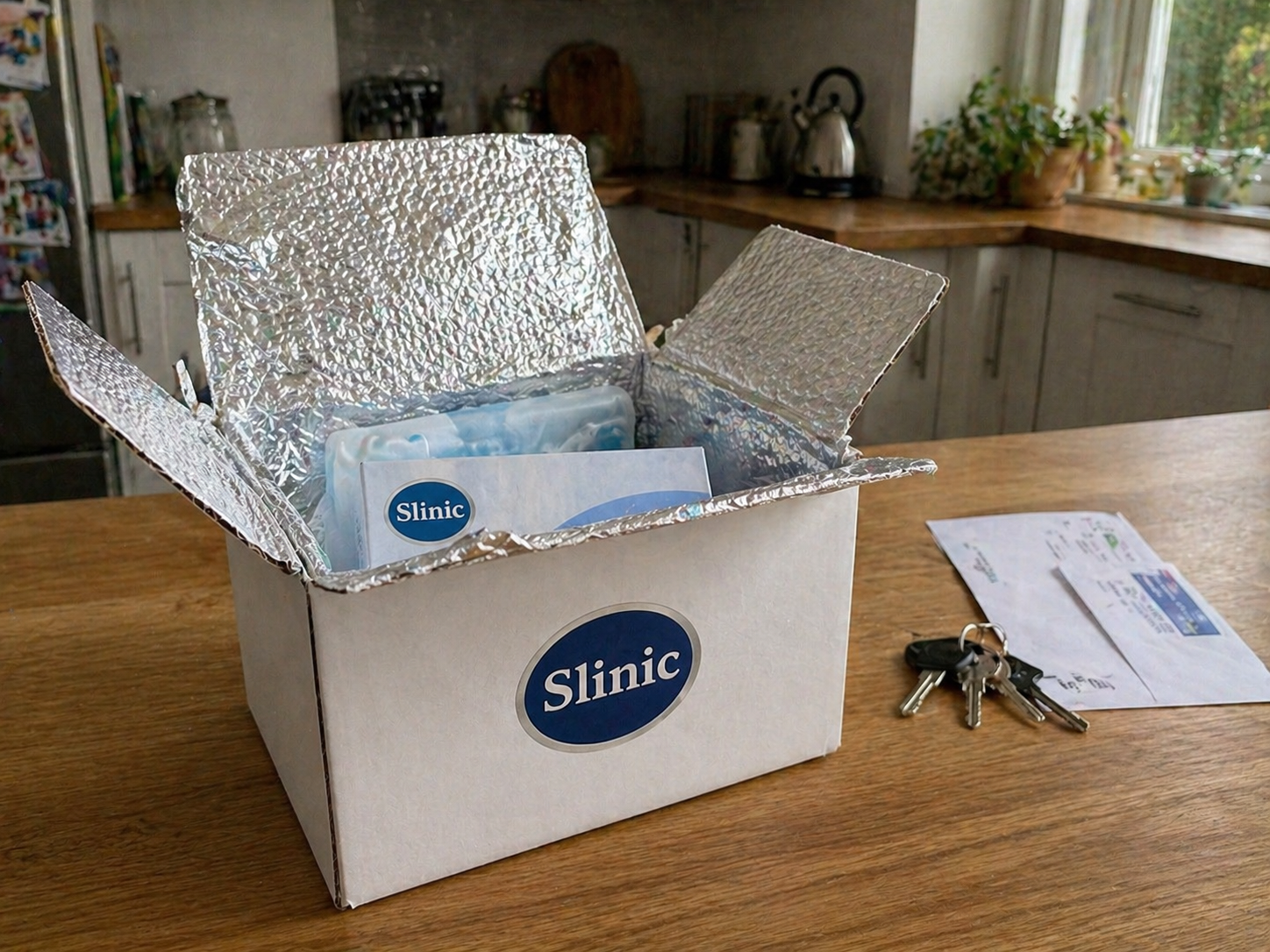 Slinic Mounjaro delivery box opened on a home kitchen counter, pen in original packaging ready to be placed in the fridge