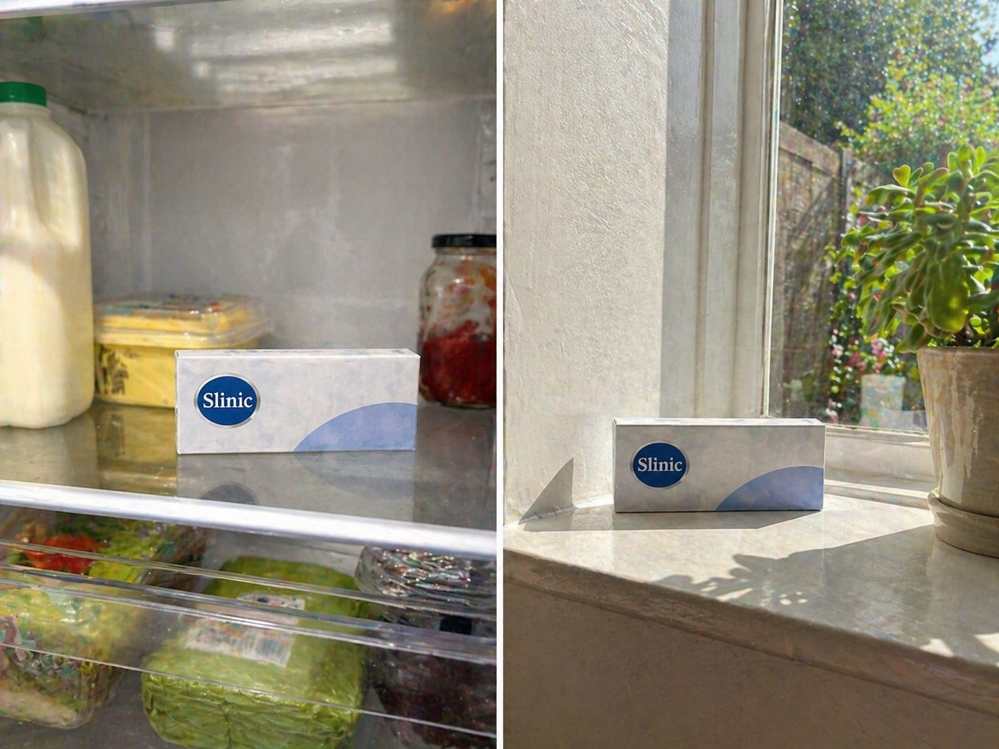 Side-by-side comparison of correct Mounjaro storage in a home fridge versus incorrect storage left on a sunny windowsill