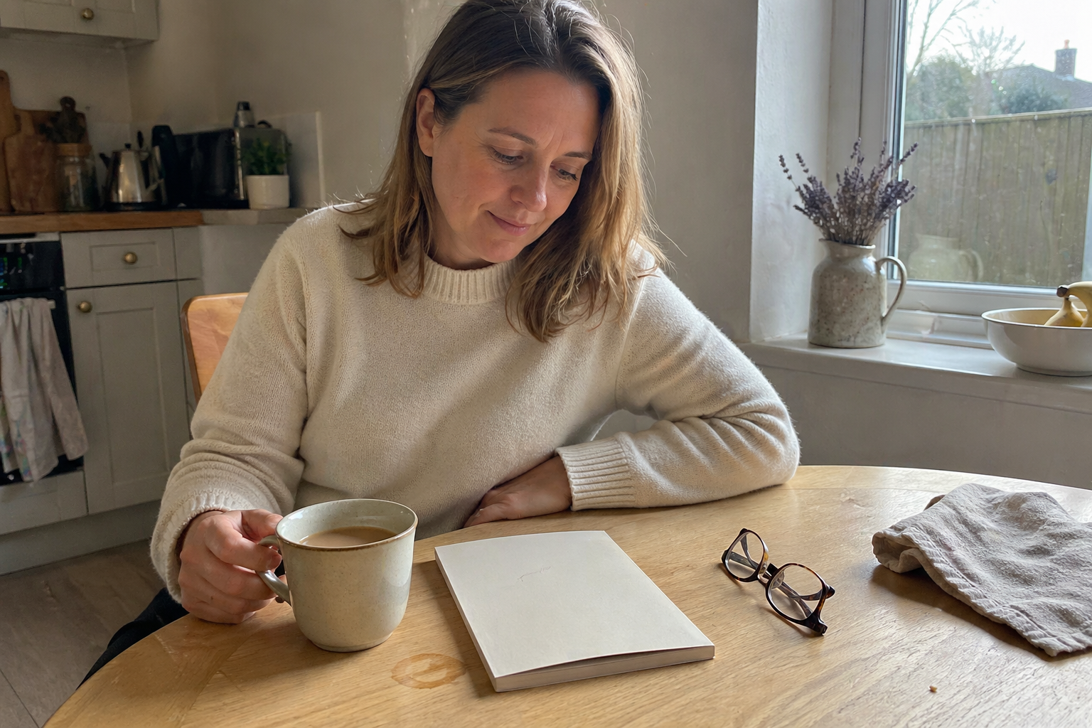 Woman reading a Slinic patient booklet at her kitchen table during the first month of Mounjaro treatment