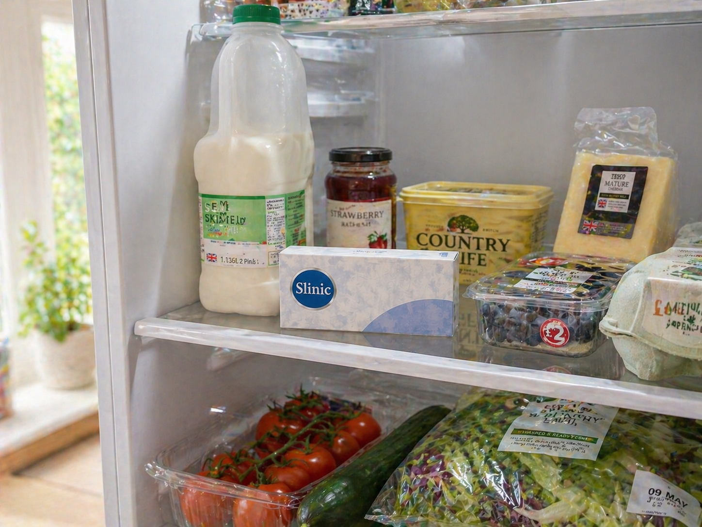 Mounjaro KwikPen in original carton on the middle shelf of a home fridge, correctly stored at 2 to 8 degrees Celsius