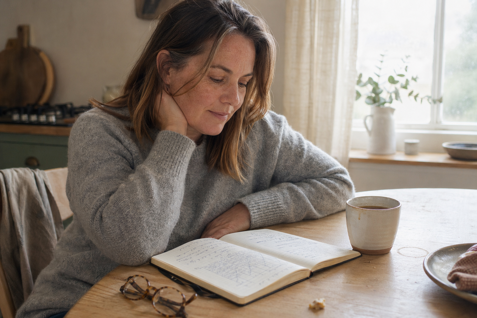 Person reviewing their Mounjaro weight loss journal at a kitchen table