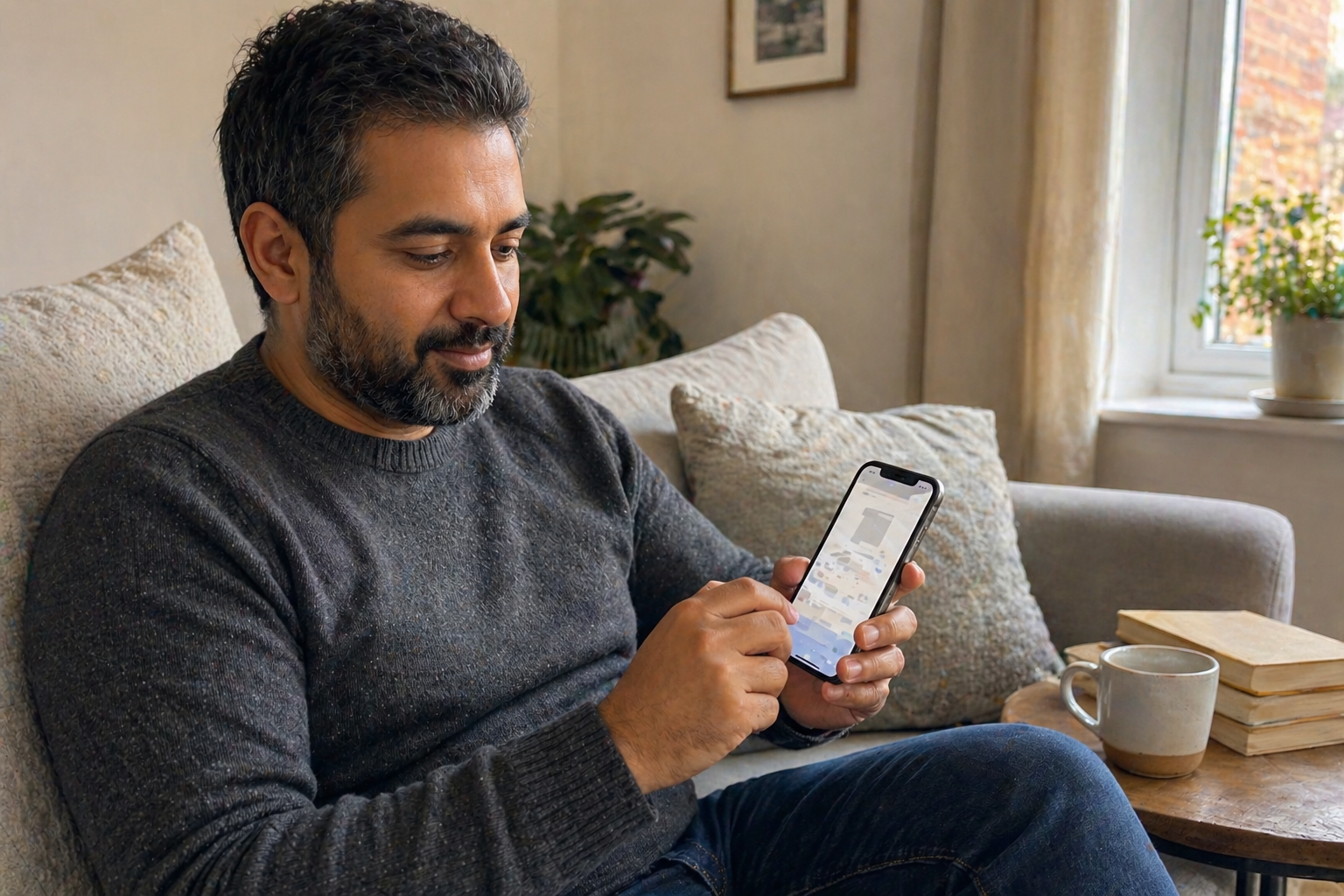 Man checking his Slinic patient app on his phone at home as he progresses through Mounjaro treatment