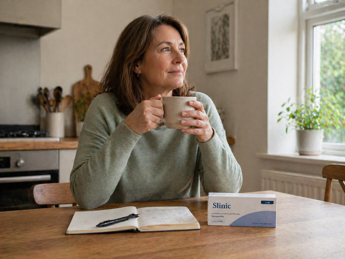 Mounjaro patient sitting at a kitchen table reflecting on her weekly progress with a notebook and Slinic carton beside her