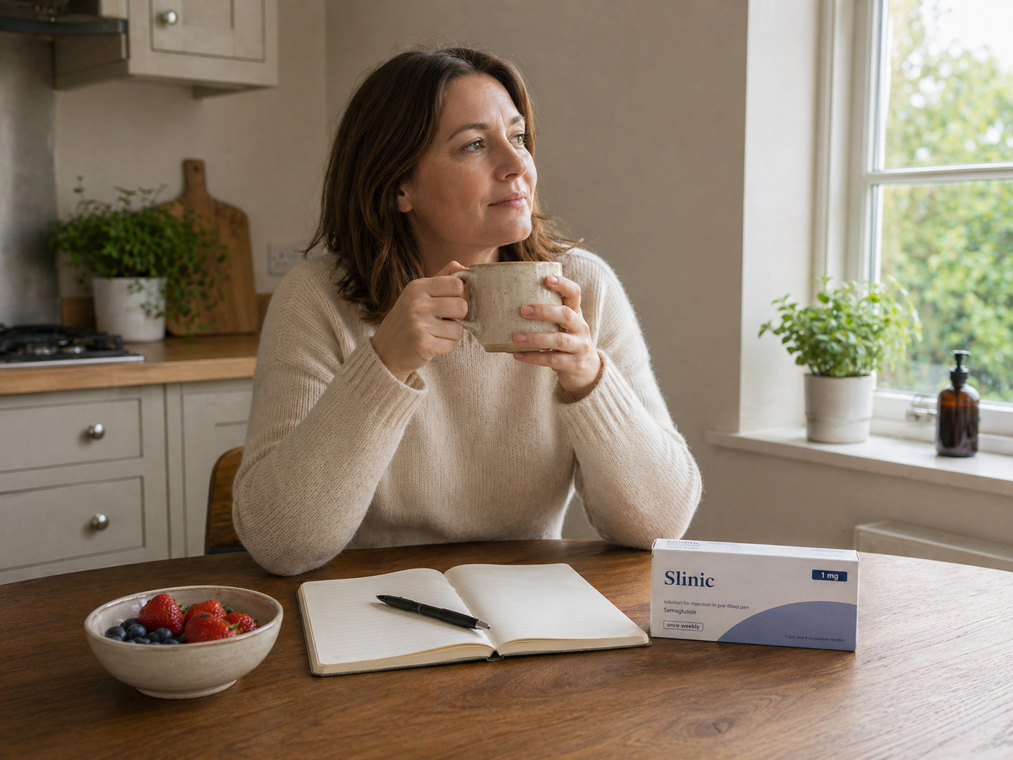 Mounjaro patient sitting at a kitchen table with her Slinic carton and journal at the start of week one of treatment