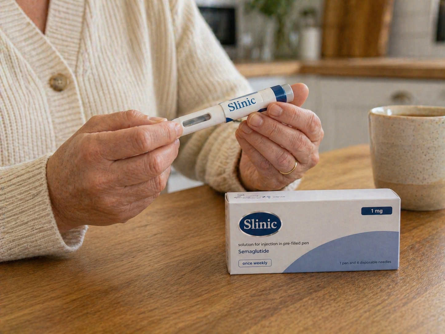 Mounjaro KwikPen and original carton on a kitchen surface, showing the storage instructions and expiry date label