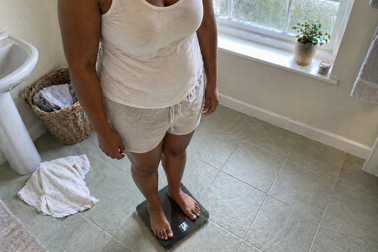 Person standing on bathroom scales at home tracking weight progress on Mounjaro
