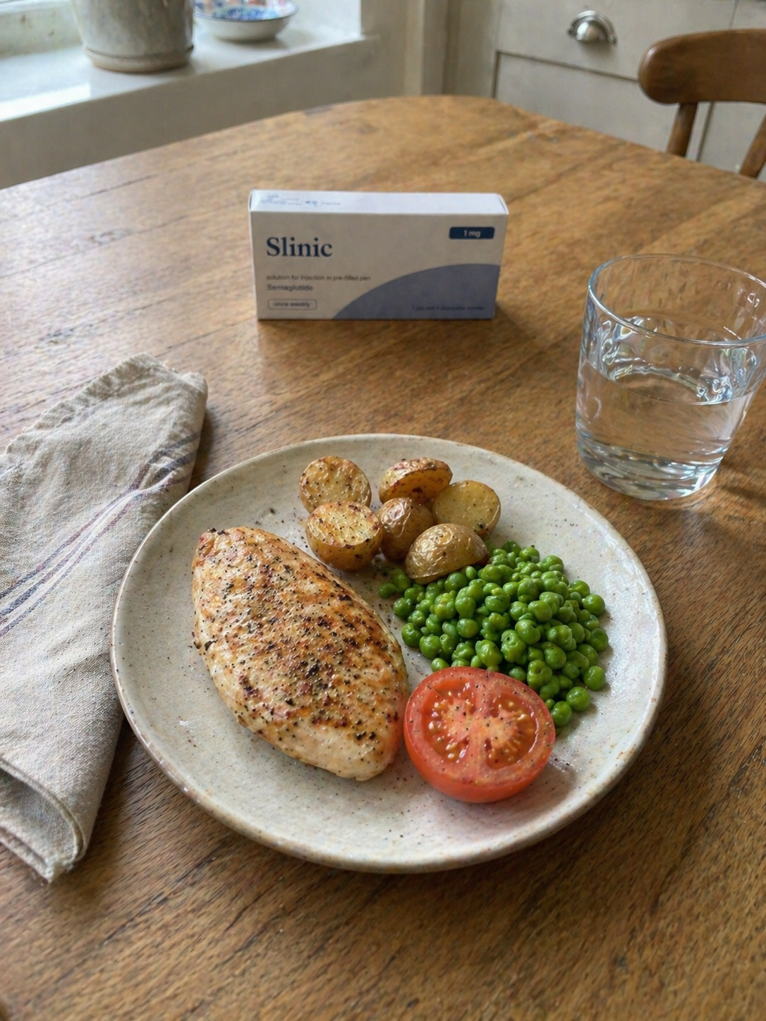 Smaller portion of homemade lunch on a kitchen table during weeks five to eight on Mounjaro, showing reduced appetite