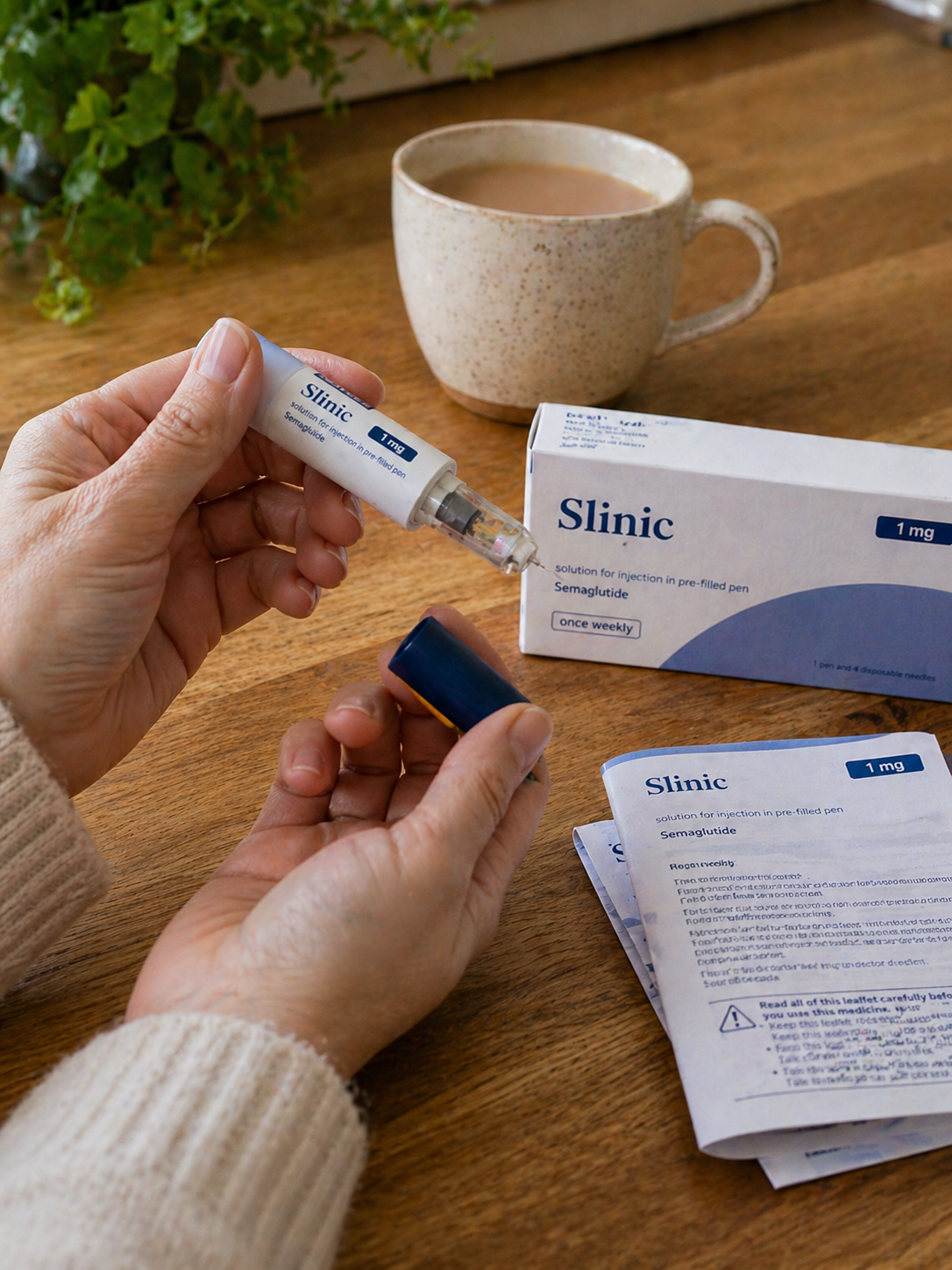 Mounjaro patient preparing her first weekly injection at home in week one of treatment with her Slinic carton beside her