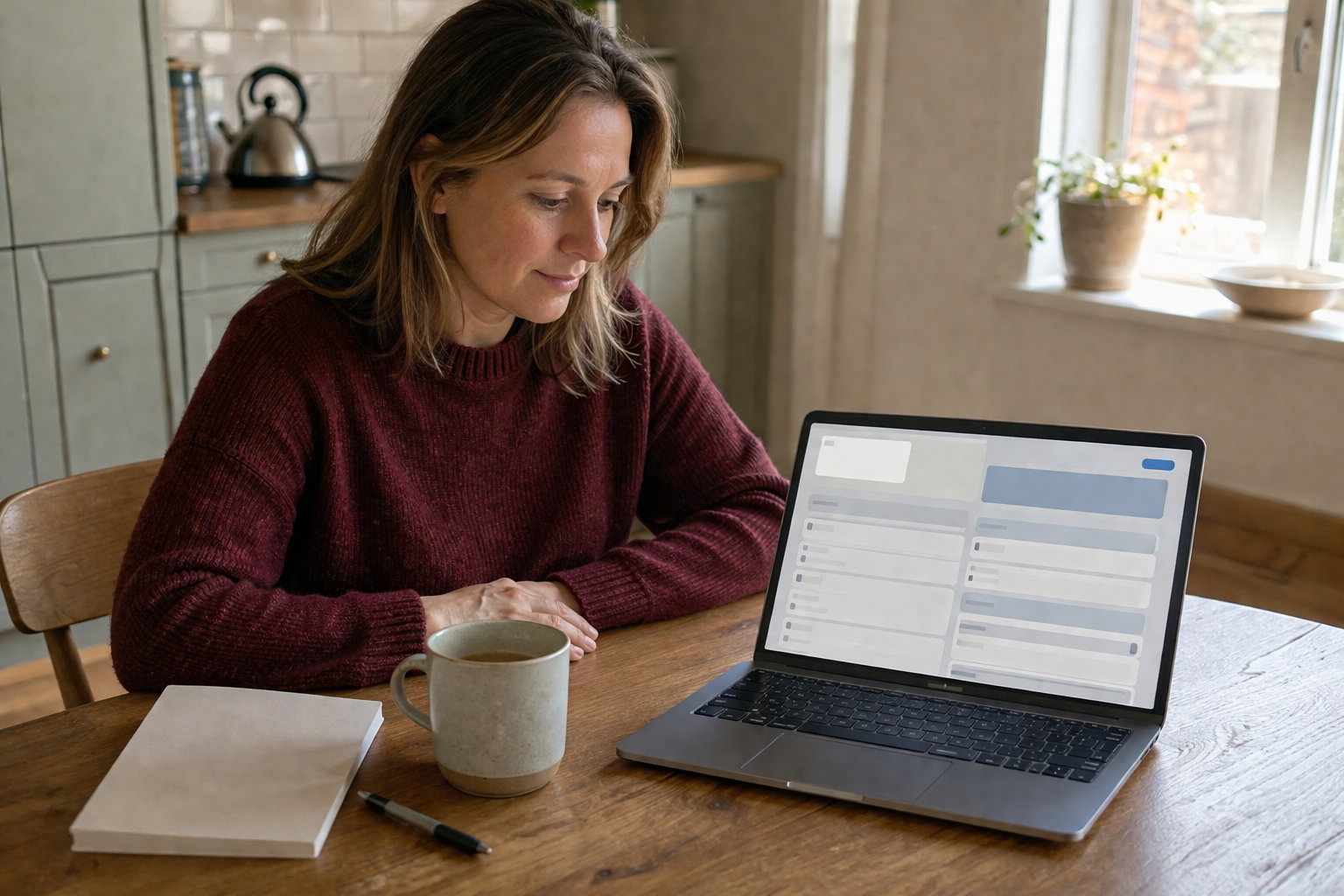 Patient checking the Slinic patient portal on her laptop at home to review her Mounjaro treatment plan