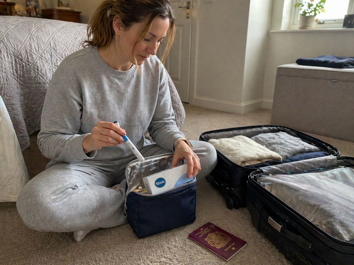 Person packing a Mounjaro pen in an insulated travel pouch next to an open suitcase, preparing for a UK trip