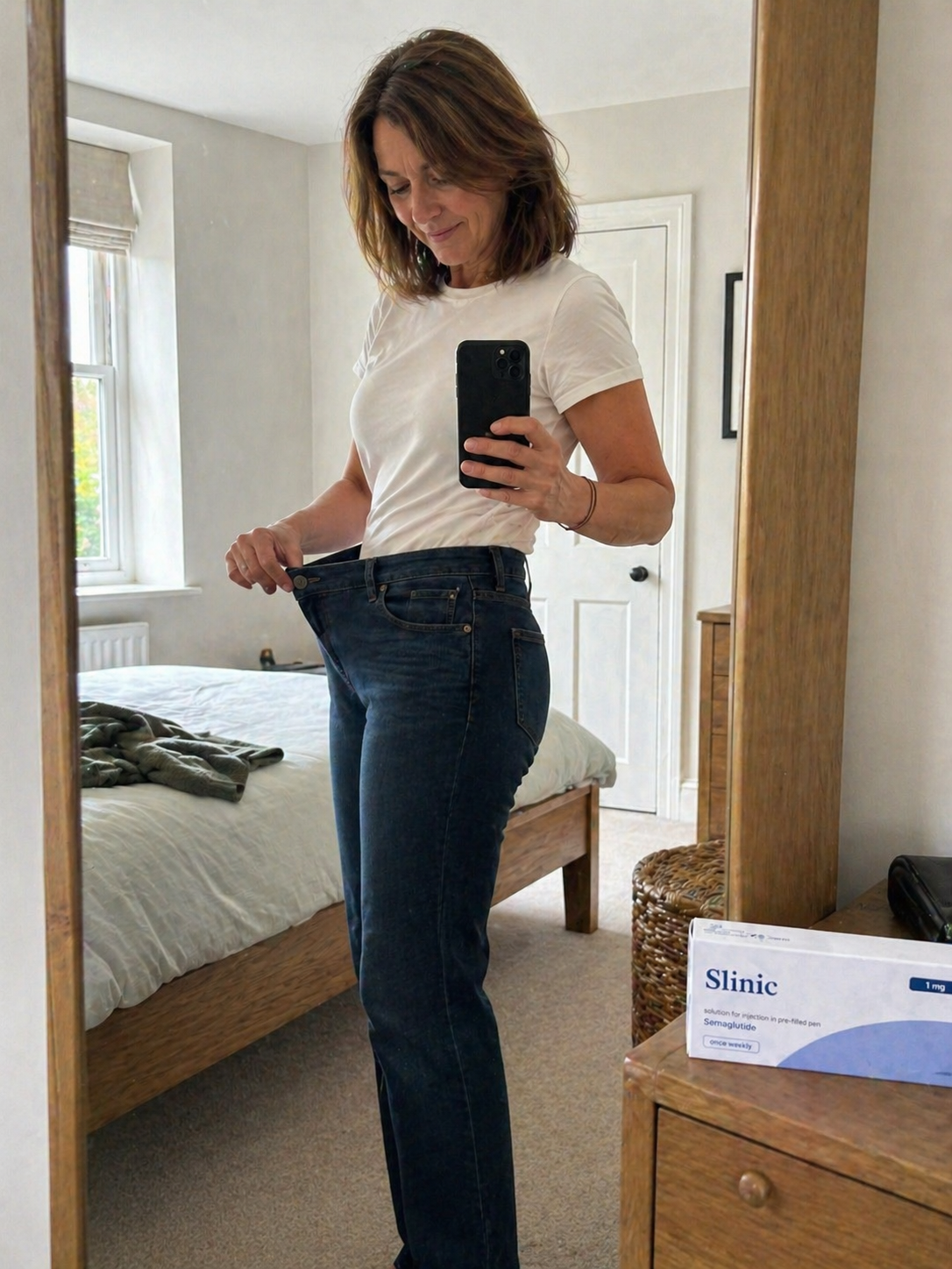 Mounjaro patient noticing her jeans fitting more loosely during weeks nine to sixteen of treatment