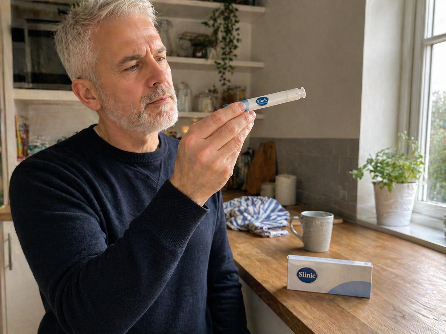Person checking the Mounjaro KwikPen viewing window in a home kitchen before their weekly injection