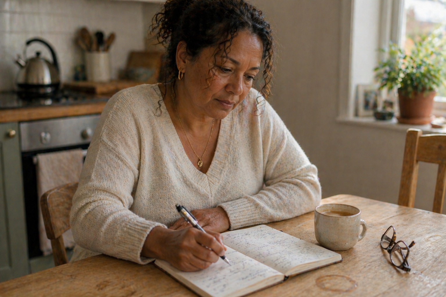 Person considering their Mounjaro treatment options at home, notebook in hand