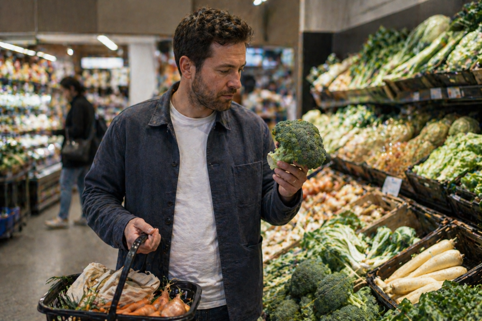 Person making healthy food choices at a supermarket as part of long-term Mounjaro weight management