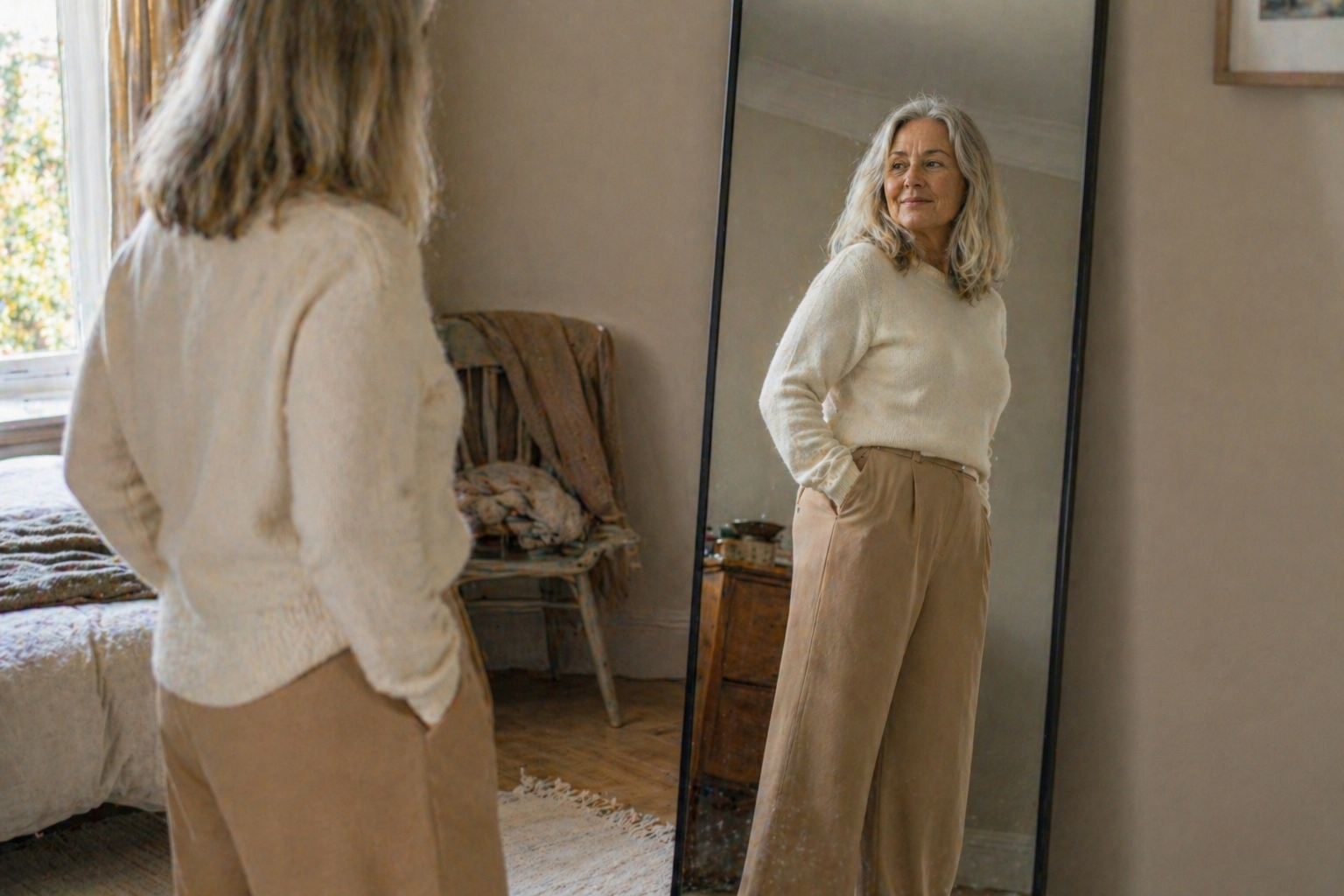 Person smiling at their reflection after long-term Mounjaro weight loss results